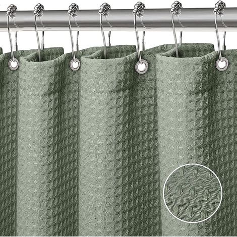 Rideau de douche gaufré, rideau de salle de bain en polyester lavable en machine, avec 12 crochets, rideau de salle de bain imperméable 180 x 180 cm (vert) (1/5)