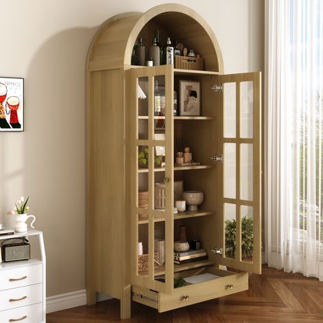 Mobile alto moderno ad arco con ripiani multipli e un cassetto – Mobile espositivo multifunzionale con ripiani regolabili in altezza per soggiorno, studio e sala da pranzo. (1/5)