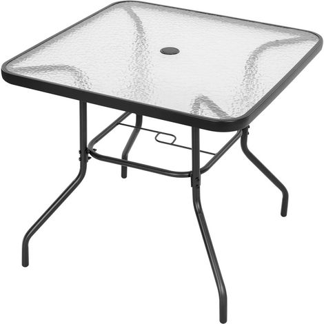 Avestar 80 cm quadratischer Outdoor Esstisch, Terrassentisch mit Schirmloch, Gartentisch mit gehärtetem Glas, Balkontisch, Glastisch, Schwarz