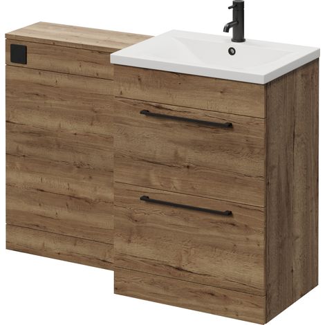 Napoli 460 Cento Tobacco Oak 1200mm 2 Drawer Vanity Unit Toilet Suite with Glide Basin - 1200mm - Matt Black 320mm HandleWithout Kingston Toilet Pan