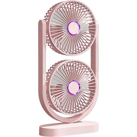 Ventilateur tour à double tête, ventilateur de bureau oscillant rechargeable à 3 vitesses, ventilateur de table USB portable pour se rafraîchir personnellement en été (rose) (1/5)