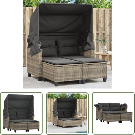 The Living Store Gartensofa 2-Sitzer mit Dach und Hockern Hellgrau Poly Rattan - Gartensofa - Outdoor Möbel - Gartenmöbel - Rattan Gartenmöbel - Lounge Set (1/5)