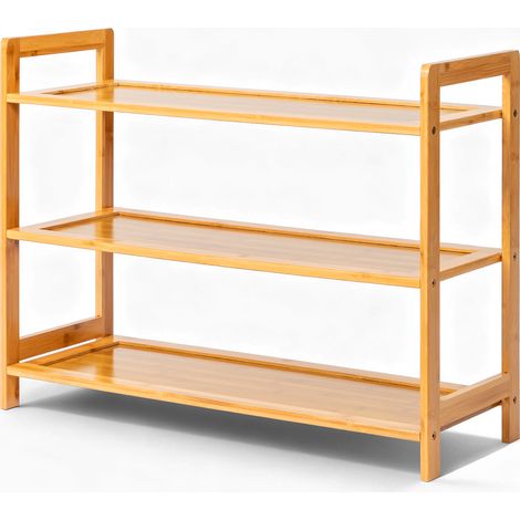 Étagère à chaussures à 3 niveaux en bambou naturel, étagères amovibles avec poignées, meuble de rangement multifonction pour entrée, couloir, salon (1/5)