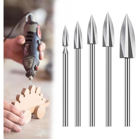 Ensemble de 5 outils de gravure en acier rapide (HSS), 3 mm, rotatifs, pour bois.-AquaForge (1/5)