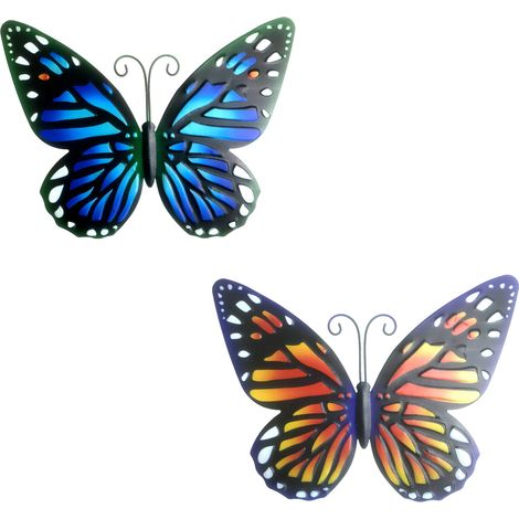 Lot de 2 décorations murales en fer en forme de papillon (bleu + orange) (1/5)