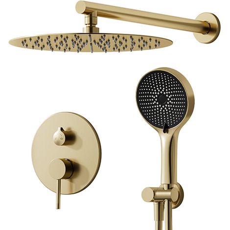 Duschsystem, Unterputz-Regendusche Gold gebürstet, Armaturen-Set Unterputz-Duschsystem mit 40-cm-Regendusche, runder Selbstreinigungs-Duschkopf, Duscharmatur-Komplettset mit Handbrause (1/5)