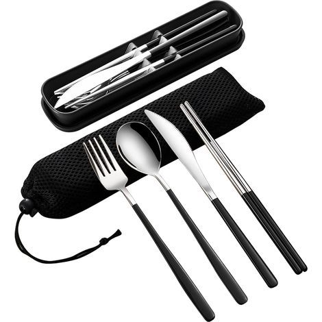 Ensemble aus 4 Bezügen aus rostfreiem Edelstahl (18/10) mit Etui, viereckig/beschläge/beschnitten/baguettes, silber/schwarz. (1/5)