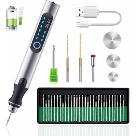 Stylo graveur USB, mini stylo graveur rechargeable, stylo graveur avec accessoires de gravure, kit de gravure sans fil pour bois, métal, verre et pierre. (1/4)