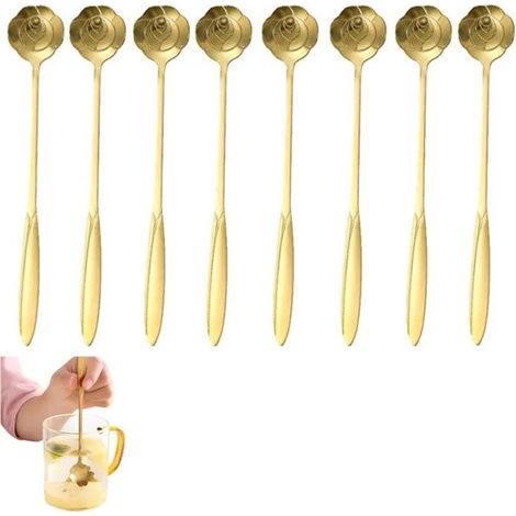 HOXILEELEOLot de 10 cuillères à café rose en acier inoxydable, 17,6 cm, cuillères dessert dorées longues (1/5)