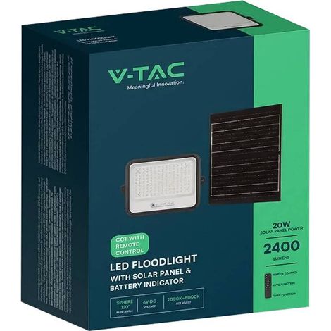 Projecteur solaire LED V-TAC 30W avec capteur crépusculaire et télécommande, température de couleur 2000K-8000K, IP65 - 24085