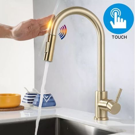 Robinet de cuisine à capteur tactile Robinet de cuisine extensible avec 2 modes de pulvérisation Robinet d'évier en acier inoxydable 304 Mitigeur monocommande rotatif à 360 °(or) (1/5)