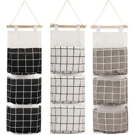 3Pcs Sac de Rangement Suspendu avec 3 Poches(Noir/Gris/Blanc), Étagère Mural en Tissu Panier Pochette de Rangement Organisateur pour Chambre Salle de Bain Cuisine - Étanche & Élégant