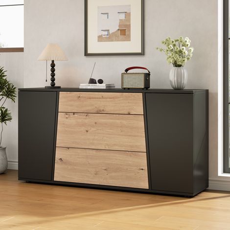 MODFU – Aparador 140x35x70 cm de MDF negro/madera con 2 puertas, 3 cajones, estantes ajustables y cierre suave – Negro/madera (1/5)