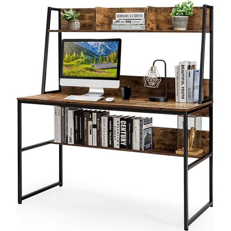 COSTWAY Schreibtisch mit Ablage, Computertisch aus Holz mit Metallrahmen & verstellbaren Fußpads, Arbeitstisch mit offenem Bücherregal, 120 x 57 x 140cm (Kaffee) (1/5)