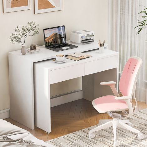 Bureau compact 2-en-1 avec étagères - Table extensible et pliable en bois 18mm, équipée de roulettes pour combinaison flexible, parfait pour espace limité (1/5)