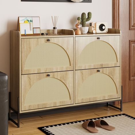 Scarpiera in truciolare naturale, ante in PE-rattan, 121 x 25 x 91,5 cm, design salvaspazio