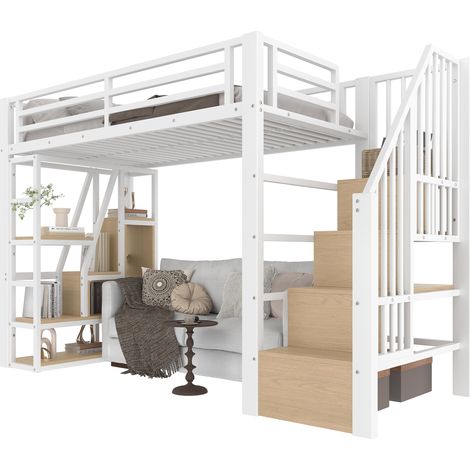 Letto A Soppalco 90 x 200 Cm Con LED, Scaffali, Scala Di Stoccaggio E Sponde, Senza Materasso, In Metallo, Bianco (1/5)