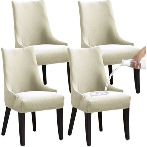 SPRACHDICHTE WASSERDICHTE EINZIEHBARE STUHLHUSSEN 4 STÜCK - BEIGE WEISS, universelle Stuhlhusse, modern und langlebig, geeignet für Zuhause, Hotel, Restaurant, Bankett und Küche (1/5)