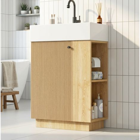 Mueble de baño de 55x32x87 cm con lavabo de cerámica, espacio de almacenamiento, puerta con cierre suave y MDF efecto madera. (1/5)