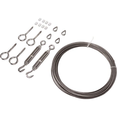 Kit de suspension pour guirlandes lumineuses, en acier inoxydable avec revêtement PVC, comprenant un tendeur de câble et des œillets. (1/5)