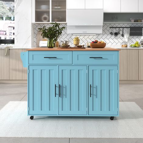 Îlot de cuisine 129x71x91.5 cm bleu en MDF avec plateau rabattable, rangements, roulettes et pieds interchangeables (1/5)