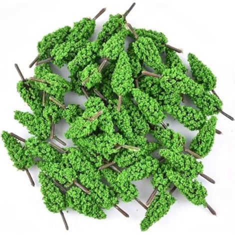 50 arbres miniatures à l'échelle HO/OO, 55 mm, en plastique, pour décors ferroviaires, jeux de guerre et dioramas arbres verts réalistes avec troncs bruns. (1/5)