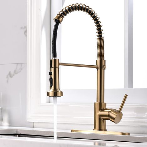 Grifo de cocina giratorio de 360°, acabado en oro cepillado, con cabezal rociador extraíble, grifo mezclador de control comercial estándar. (1/5)