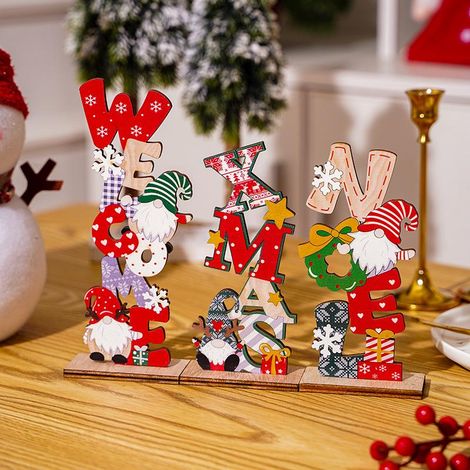 Lot de 3 décorations de Noël, vieil homme en bois sans visage peint, lettres ornementales, lutin nordique pour sapin et table (1/5)