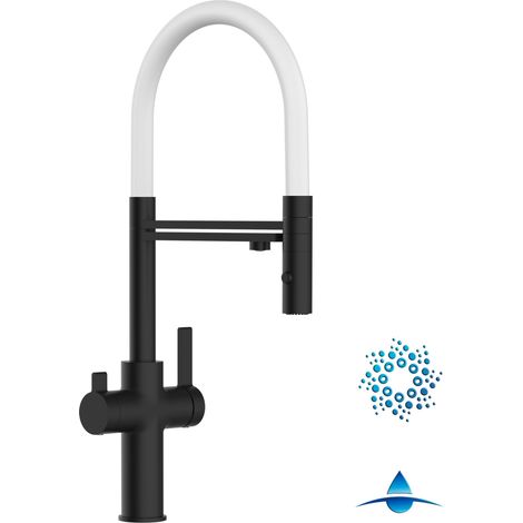 Rubinetto 4 vie miscelatore cucina Nero Opaco con canale separato per acqua filtrata, canna bianca movibile e doccia due getti staccabile - Serie FC (1/5)