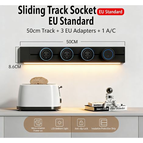 Prise de courant sur rail 8000 W – Adaptateur rotatif avec USB A/C – Éclairage LED – Installation facile pour cuisines et bureaux (1/5)