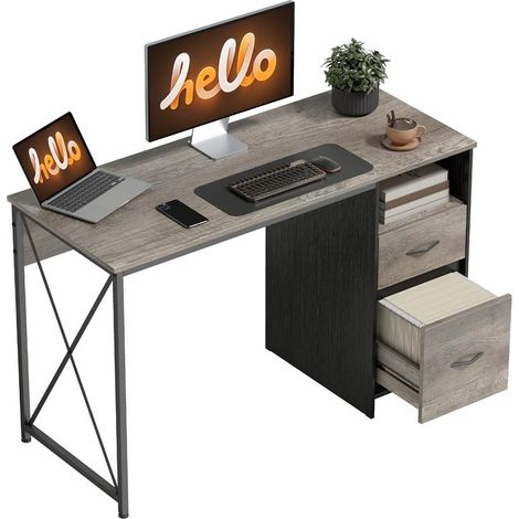 Bureau industriel gris clair 120x50 cm avec compartiment et 2 tiroirs, style loft tendance pour espace travail (1/5)