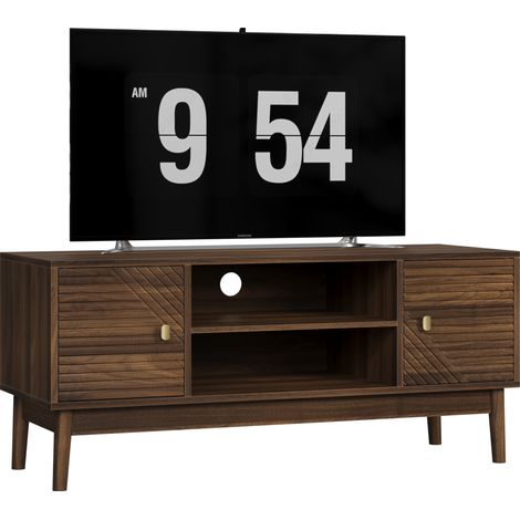 Meuble TV 110 cm en MDF, style mid-century farmhouse, avec rangement, passe-câbles et finition bois foncé pour TV 32 à 45 pouces, salon et chambre  CHICFURN (1/5)