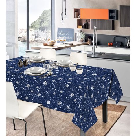 Tovaglia Natalizia In Cotone Rettangolare Varie Fantasie Fiocchi Blu - 12Posti(140x240) (1/4)