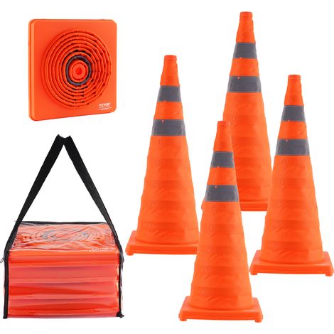 VEVOR Cone Signalisation Reflechissant 4 Pieces 70 cm Plot de Chantier Pliable et Portable Cone de Securite Large Base avec Sac de Transport pour Delimitation Stationnement d’Urgence en Route Parking