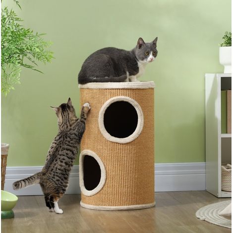 Arbre à chat tonneau en sisal et peluche, Ø35 x 60 cm, marron-beige OKMYHOME (1/5)
