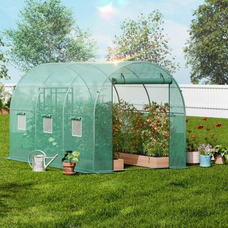 Serre tunnel accessible 10'x7'x7' – Robuste et portable, 1 porte moustiquaire à fermeture zip, 6 fenêtres enroulables, structure en acier galvanisé renforcé, couleur verte.