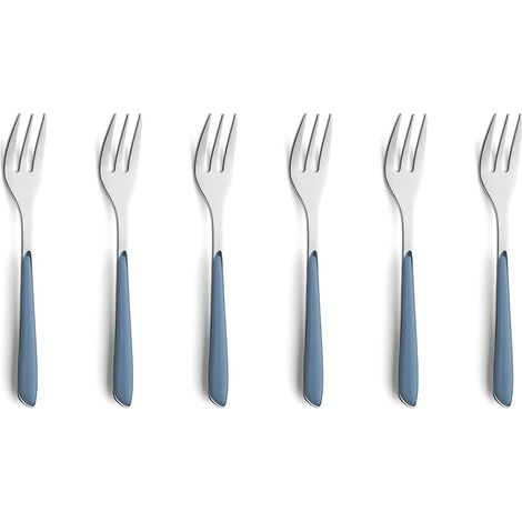 Lot de 6 fourchettes à gâteau en acier inoxydable 18/0 pour 6 personnes, bols en plastique, bleu denim, antirouille et lave-vaisselle (1/5)