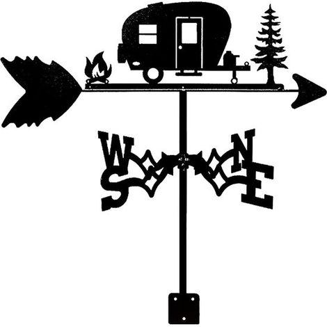 Bandierina segnavento in metallo con silhouette di roulotte e campeggio. Indicatore meteorologico decorativo per giardino, tetto e aree esterne, colore nero. (1/5)