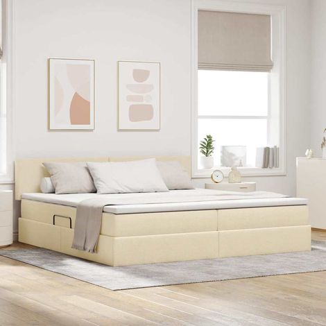 Bett mit Stauraum und LED mit Matratze Creme 200 x 200 cm Stoff (1/5)
