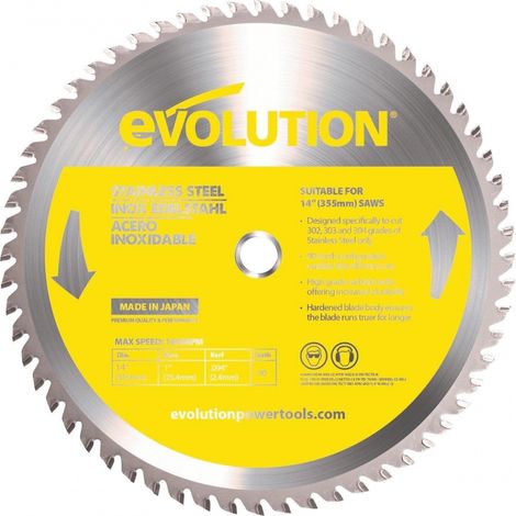 Hartmetall-Trennscheibe für Edelstahl, EVOLUTION, 302, 303 und 304, 90 Zähne, 20 mm Bohrung, 355 mm Durchmesser EVOLUTION