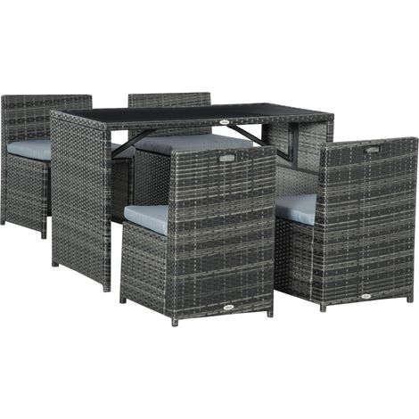 Outsunny 5-teiliges Polyrattan Gartenmöbel-Set, wetterfest Balkonmöbel für 4 Personen Terrassenmöbel mit Tisch 4 Stühle Kissen, Lounge-Set Essgruppe Sitzgruppe für Balkon, Garten, Grau (1/5)