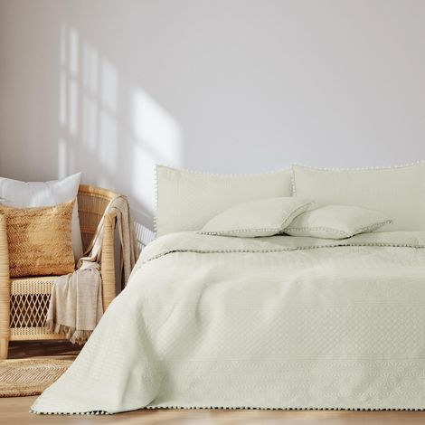 AmeliaHome Copriletto con pompon 260 x 280 cm, copriletto double-face, trapuntato, in poliestere, color crema (1/5)