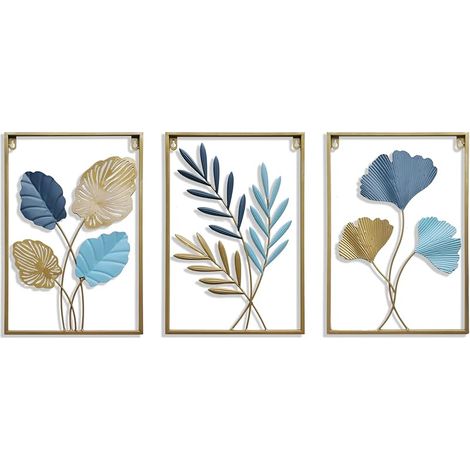 Lot de 3 décorations murales Ginkgo Biloba, rectangulaires, en fer, pour maison et hôtel, grand format - Bleu et doré (1/5)