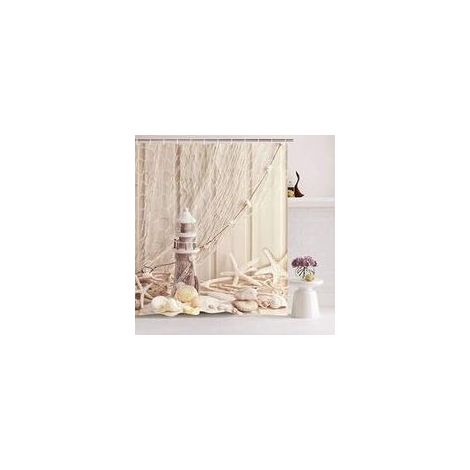 Rideau de douche textile en tissu avec anneaux - 120 x 180 cm - Motif coquillages - Impression numérique - Polyester - Anti-moisissure - Beige (1/4)