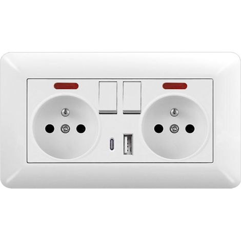 Double Prise Murale Type 146 USB-A + USB-C avec Interrupteurs et Voyants 16A 220-250V Verre Blanc Maison & Bureau