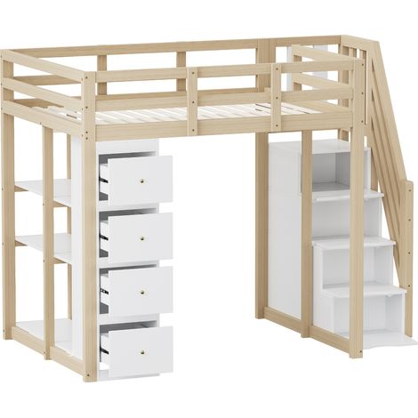 Lit mezzanine 140 x 200 cm avec tiroirs de rangement et commode avec étagères, échelle de sécurité avec tiroirs de rangement, lit multifonction en bois massif, couleur bois, ancienne SKU LDB00278AAN (1/5)