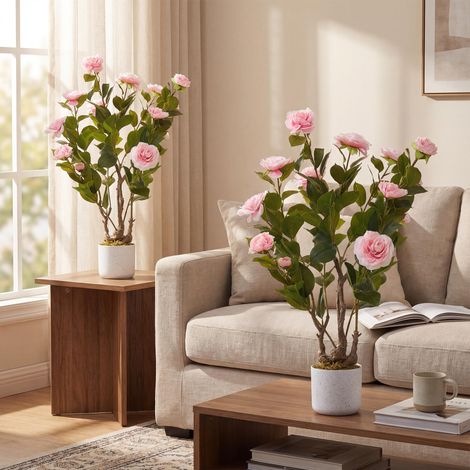 Lot de 2 camélias artificiels 75 cm 16 fleurs plante en pot décoration intérieur extérieur maison entrée (1/5)