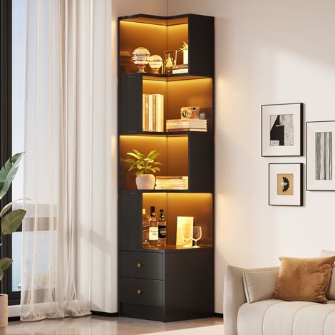 Libreria angolare a L in MDF 45 x 43,5 x 180 cm con LED controllato tramite app, nera HAVRYA (1/5)