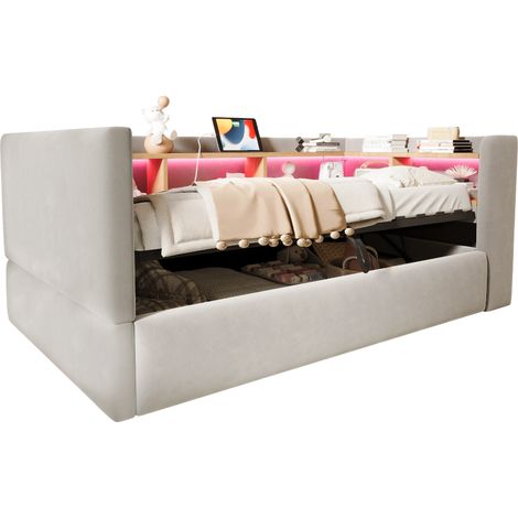 Letto imbottito 90 x 190 cm con vano contenitore idraulico, LED, prese e scomparti multipli, tessuto grigio chiaro, CHICFURN (1/5)