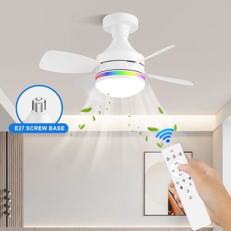 Ventilador silencioso de cuatro aspas con mando a distancia, casquillo LED E27 de rosca, color blanco, 3 colores + regulación RGB, 85-240 V, no incluye enchufe ni cable de extensión. (1/5)